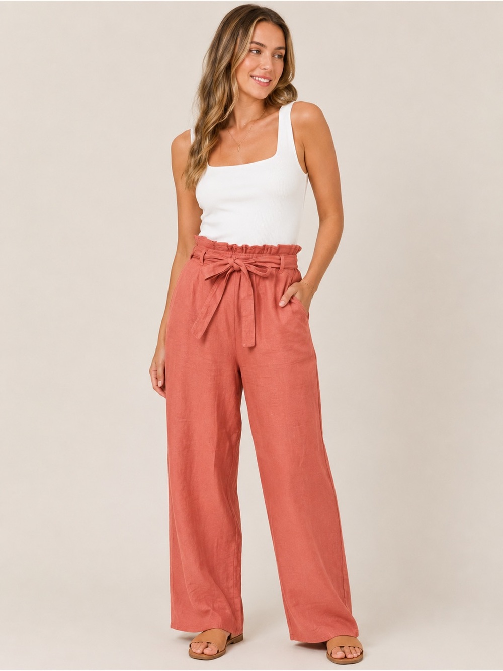 Monteau Rust Wide Leg Paperbag Tie-Waist Pants
